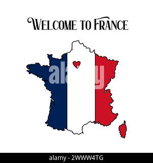 France country map contours doodle vector illustration. French flag and capital Paris. Hand drawn geographic borders with Corsica island, text Welcome Stock Vector