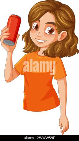 Cheerful young girl smiling with a beverage can Stock Vector