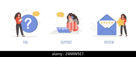 Customer support. Female characters ask questions, get answers, and leave feedback. FAQ concept. Online help service. Set of vector illustration in Stock Vector