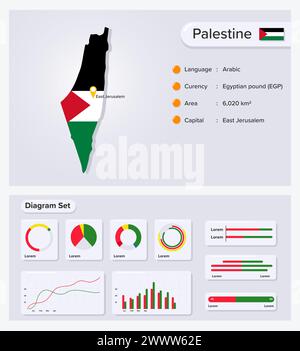 Palestine Infographic Vector Illustration, Palestine Statistical Data Element, Information Board With Flag Map, Palestine Map Flag With Diagram Set Stock Vector