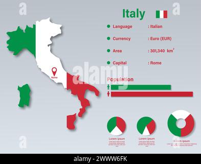 Italy Infographic Vector Illustration, Italy Statistical Data Element, Italy Information Board With Flag Map, Italy Map Flag Flat Design Stock Vector