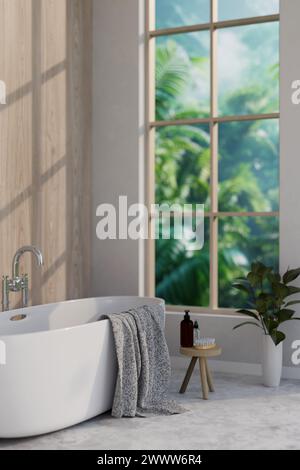 The interior design of a contemporary luxurious bathroom features a modern bathtub near the large window with green garden view. 3d render, 3d illustr Stock Photo
