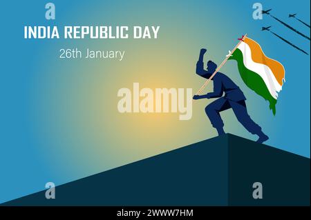 India Republic Day Poster with Silhouette People Raising Indian Flag Vector Illustration. Stock Vector