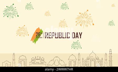 India republic day with Indian Landmarks in Line Art Style Vector Illustration Stock Vector