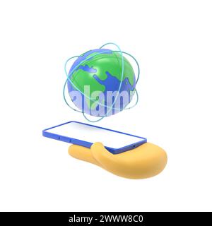 Flat 3d isometric businessman hand holding smartphone with world and global network. internet connection and global communication concept.3D rendering Stock Photo
