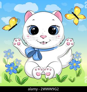 Cute cartoon white cat and blue flowers in nature. Vector illustration of animal in nature with flowers, yellow butterflies, blue sky and white clouds Stock Vector