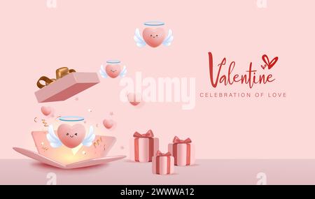 3D Realistic Valentine's Day Design with Realistic Love and Gift Box Vector Illustration Stock Vector