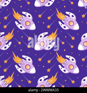 Space flights, shuttle, UFO, stars, rockets, the future. Cute baby illustration in vintage style, seamless pattern, cartoon style. For childrens, wall Stock Vector