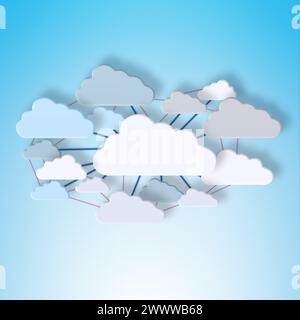 Cloud computing, connection and data with sign, link and information technology for art on blue background. Networking, storage icon and futuristic it Stock Photo