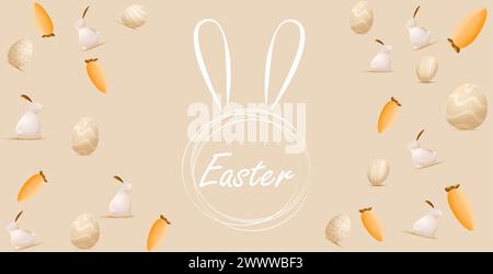 Happy Easter Day Design with Realistic Eggs and Cute Bunny in Pastel Color Background. Banner, web poster, flyer cover, stylish brochure, greeting car Stock Vector