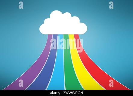 Cloud computing, data and streaming for upload with sign, rainbow and art graphic on blue background. Networking, storage icon and information Stock Photo