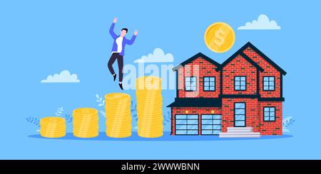 Mortgage saving money to buy a house flat style design business concept. Real estate property or mortgage loan investment. Businessman climbs money co Stock Vector