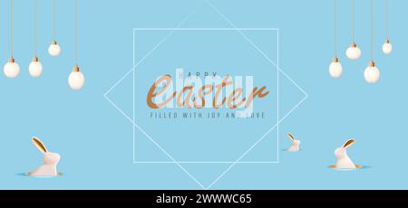 Happy Easter Day Design with Realistic Eggs and Cute Bunny in Pastel Color Background. Banner, web poster, flyer cover, stylish brochure, greeting car Stock Vector