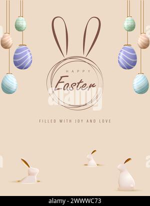 Happy Easter Day Design with Realistic Eggs and Cute Bunny in Pastel Color Background. Banner, web poster, flyer cover, stylish brochure, greeting car Stock Vector