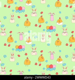 Seamless pattern with Easter chickens, hares, eggs in a nest. Daisies on a green background for baby products. Cute rabbits for baby clothes. Flat vector illustration for printing packaging, fabric and textiles. Stock Vector