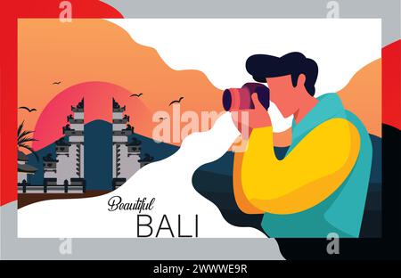 Bali Photograph Vector Illustration Flat Design, Capturing Beautiful Bali's Temple with Sunset Background, A Man Taking Photo Of Beautiful Bali's Temp Stock Vector