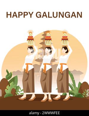 Translation : Happy Galungan. Happy Bali's Day of Silence and Hindu New Year Vector Illustration, Nyepi Day and Hari Raya Saka, Hindu Ceremony Stock Vector