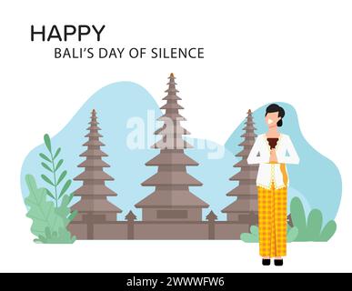 Translation : Happy Nyepi Day. Happy Bali's Day of Silence and Hindu New Year Vector Illustration, Nyepi Day and Hari Raya Saka, Hindu Ceremony Stock Vector