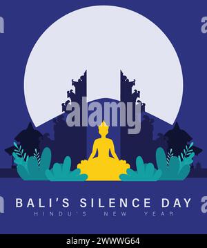 Translation : Happy Nyepi Day. Happy Bali's Day of Silence and Hindu New Year Vector Illustration, Nyepi Day and Hari Raya Saka, Hindu Ceremony Stock Vector