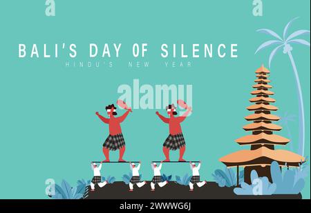 Translation : Happy Nyepi Day. Happy Bali's Day of Silence and Hindu New Year Vector Illustration, Nyepi Day and Hari Raya Saka, Hindu Ceremony Stock Vector