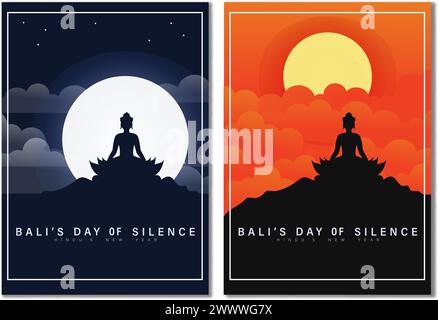 Translation : Happy Nyepi Day. Happy Bali's Day of Silence and Hindu New Year Vector Illustration, Nyepi Day and Hari Raya Saka, Hindu Ceremony Stock Vector