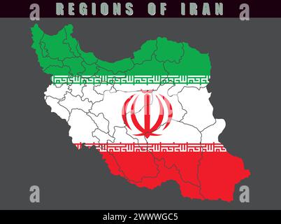 Provinces map of Asian country of Iran. Country shape outlined and filled with the flag of Iran. Vector illustration. Stock Vector