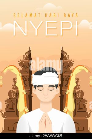 Translation : Happy Nyepi Day. Happy Bali's Day of Silence and Hindu New Year Vector Illustration, Nyepi Day and Hari Raya Saka, Hindu Ceremony Stock Vector