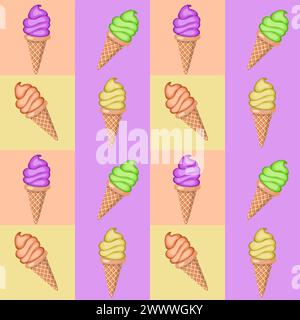 Multi-colored fruit ice cream in waffle cones. Seamless pattern. Vector illustration. Stock Vector