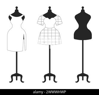 Sewing mannequin with clothes black and white 2D line cartoon objects set Stock Vector