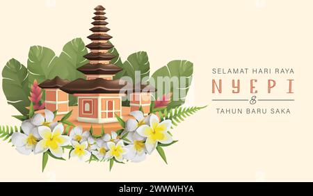 Translation : Happy Nyepi Day. Happy Bali's Day of Silence and Hindu New Year Vector Illustration, Nyepi Day and Hari Raya Saka, Hindu Ceremony Stock Vector