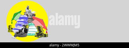 Woman sitting on pile of colorful books with coins and graduation cap around. Man using laptop. Contemporary art collage. Stock Photo