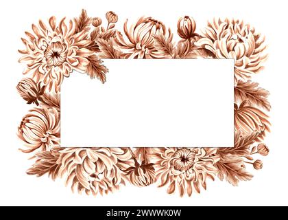 Vintage rectangle frame from chrysanthemum flowers. Monochrome hand drawn autumn watercolor illustration. Isolated floral spring wreath Template with Stock Photo