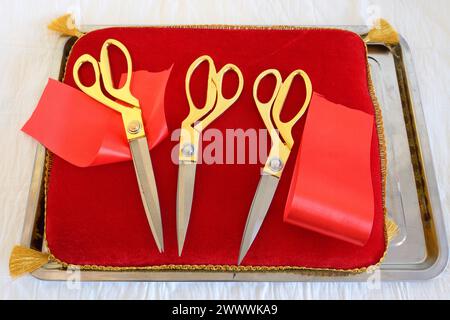 Three ribbon cutting scissors for grand opening of the new institution and cut red ribbon put on a tray. Stock Photo