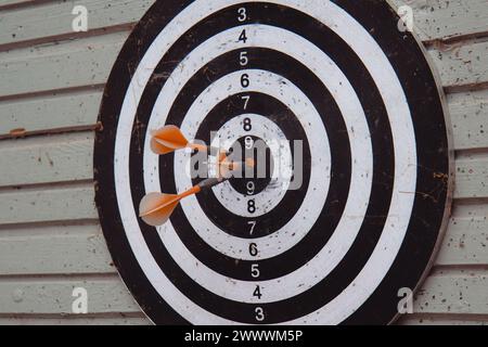 Close up shot red darts arrows in the target center on grey background. Business target or goal success and winner concept. Stock Photo