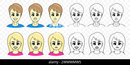 Man and woman with different emotions on their face, graphic design. Joy, smile, sadness, anger and aggression, vector design and illustration Stock Vector