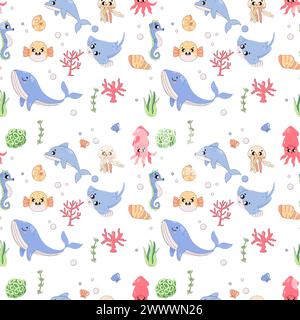 Summer seamless pattern, sea world, fugu fish, stingray, squid, seahorse and whale, child vector. Stock Vector