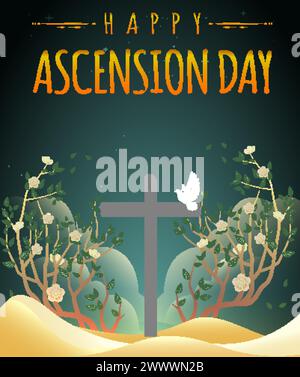 Happy Ascension Day Design with Jesus Christ in Heaven Vector Illustration.  Illustration of resurrection Jesus Christ. Sacrifice of Messiah for human Stock Vector