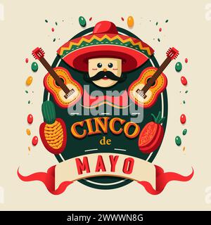 Cinco de Mayo Means 5 Mei, a festival in Mexico. A Cactus Character Playing Guitar Wearing Sombrero Hat Vector Illustration Stock Vector