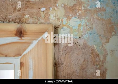 sanded wooden door casing closeup during home renovation. Stock Photo
