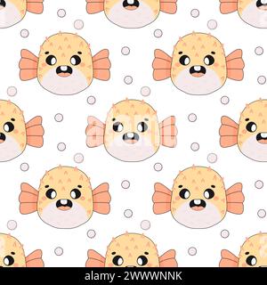 Summer seamless pattern, sea world, cute fugu fish, baby vector. Stock Vector