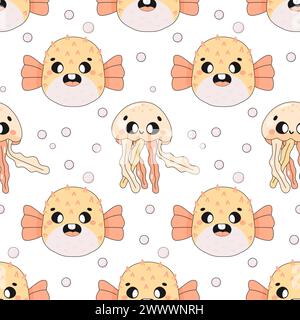 Summer seamless pattern, sea world, cute fugu fish, baby vector. Stock Vector