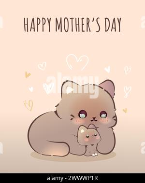 Happy Mother's Day Creative Concept with Cute Mom and Kid Animal Cartoon Vector Illustration, Cute Mothers Day Template suitable for Greeting Card Stock Vector