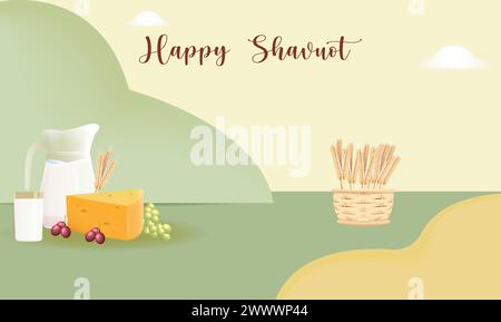 Happy Shavuot Template Banner with 3D Style. Jewish Holiday Shavuot Concept with Fruits, Wheat and Milk Bottle. Vector Illustration. Greeting Card Tem Stock Vector