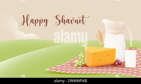 Happy Shavuot Template Banner with 3D Style. Jewish Holiday Shavuot Concept with Fruits, Wheat and Milk Bottle. Vector Illustration. Greeting Card Tem Stock Vector