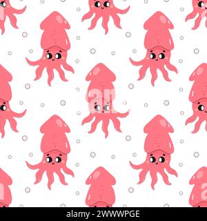 Summer seamless pattern, sea world, cute squid, cuttlefish, baby . for fabric or wrapping paper vector Stock Vector