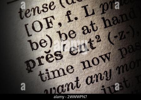 Word present on dictionary page, macro close-up Stock Photo