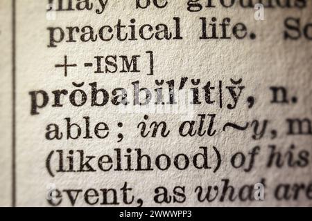 Word probability on dictionary page, macro close-up Stock Photo