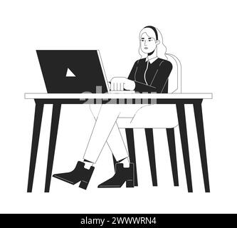 White-collar worker typing laptop workplace black and white 2D line cartoon character Stock Vector