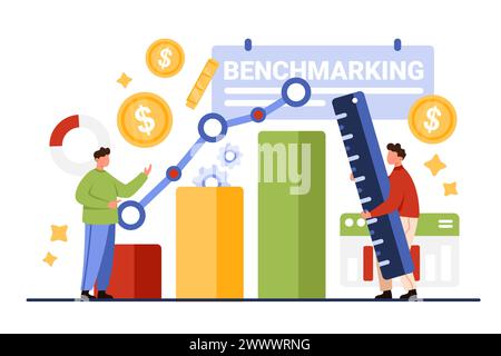 Benchmarking analysis, analytics for best quality and financial progress. Tiny people measure graph unit with ruler, compare and check profit indicators on data performance cartoon vector illustration Stock Vector