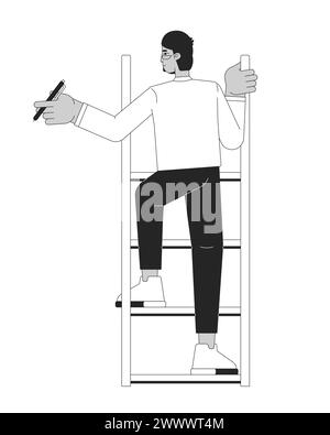 Arab man climbing ladder holding pen black and white 2D line cartoon character Stock Vector